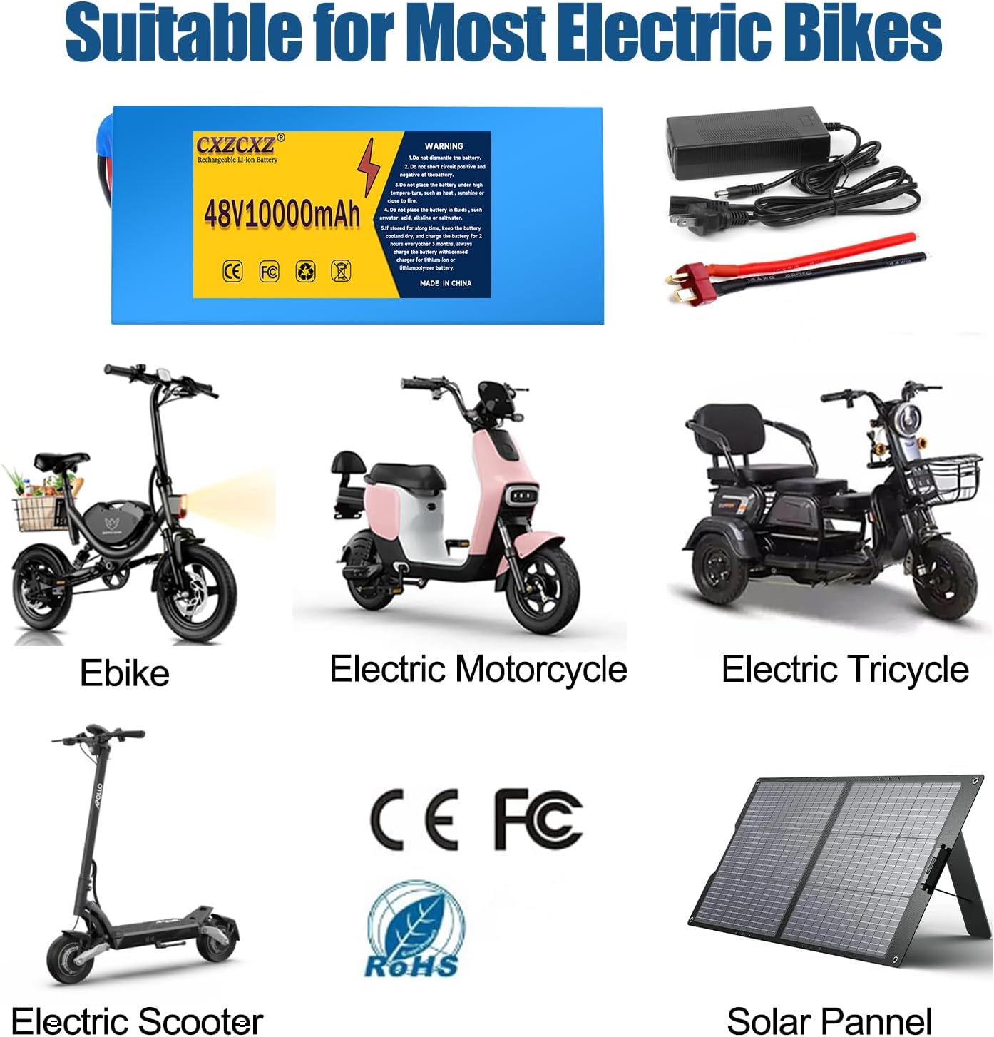 48V 10Ah Ebike Battery Pack with 20A BMS - Rechargeable Lithium Battery for Scooters, ATVs, Solar Storage & 250-1000W Electric Bicycles