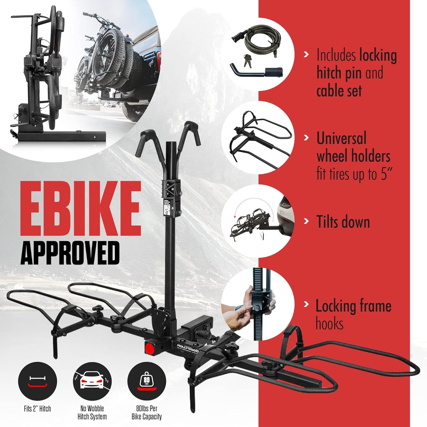 Racks Sport Rider 2" Hitch Bike Rack – Heavy Duty Foldable Ebike Carrier, 80 lbs Per Bike, Fits Fat Tire & Electric Bicycles for Car Truck SUV