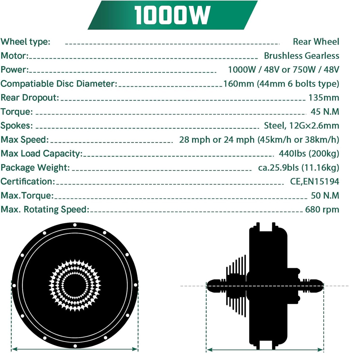 48V 1000W E-Bike Conversion Kit for 26" Bicycles - Rear Hub Motor Kit