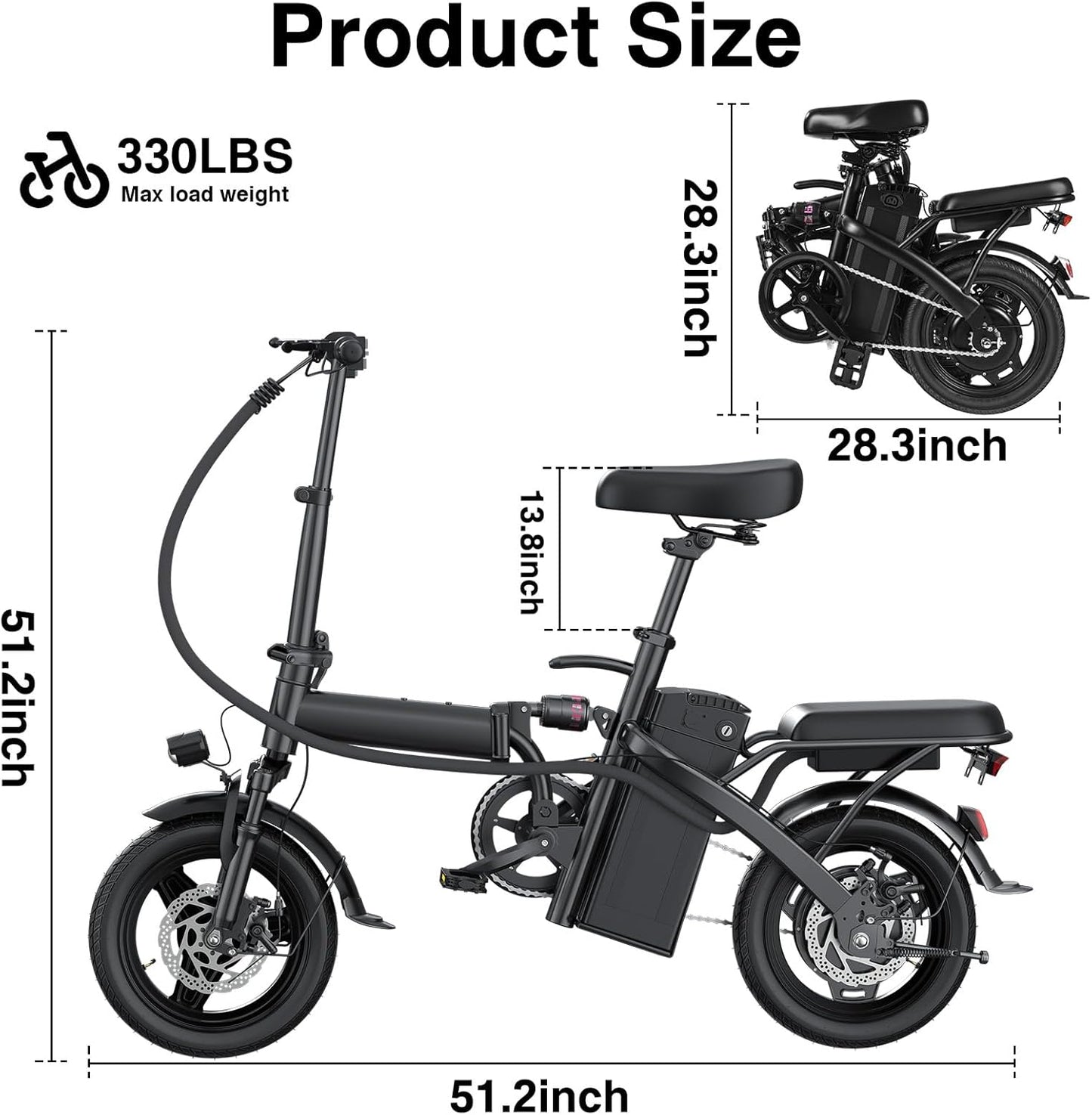 Electric Bike for Adults and Teens 14" Foldable Mini Electric Bicycle 520W-560W Motor 20-24MPH 32 Miles Range 48V 10Ah Battery 3-Level Pedal Assist UL 2849 Certified