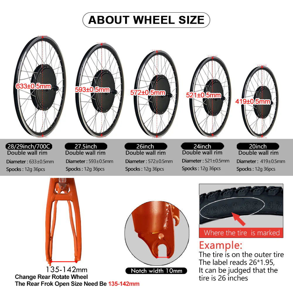 48V 1500W E-Bike Conversion Kit with KT-35A Sine Wave Controller, LCD Display & Tire