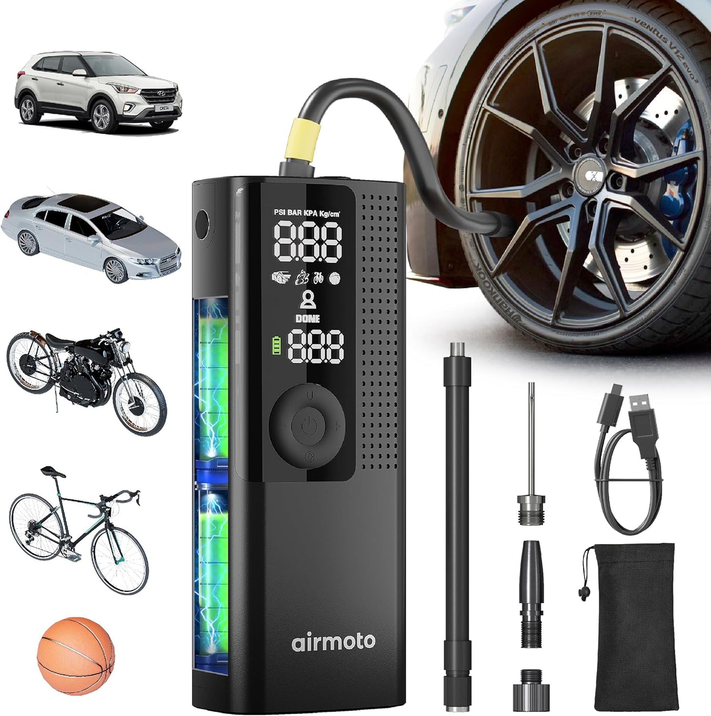 Portable Tire Inflator - Cordless Air Compressor for Car, Bike, Motorcycle | Auto Shut-Off & Digital Gauge
