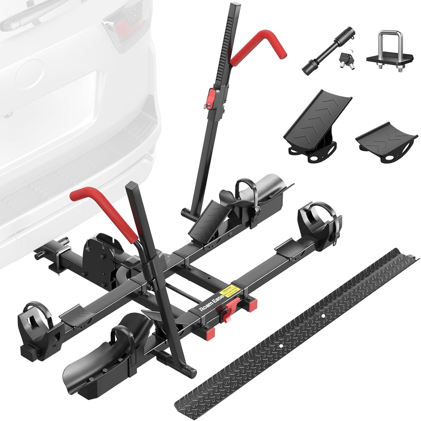 170lbs Bike Rack with Ramp – Foldable Ebike Carrier for 2 Heavy E-Bikes, Fat Tire up to 5", Fits 2" Hitch SUV RV Trailer