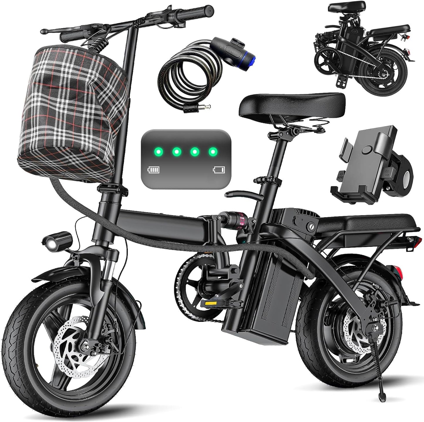 Electric Bike for Adults and Teens 14" Foldable Mini Electric Bicycle 520W-560W Motor 20-24MPH 32 Miles Range 48V 10Ah Battery 3-Level Pedal Assist UL 2849 Certified