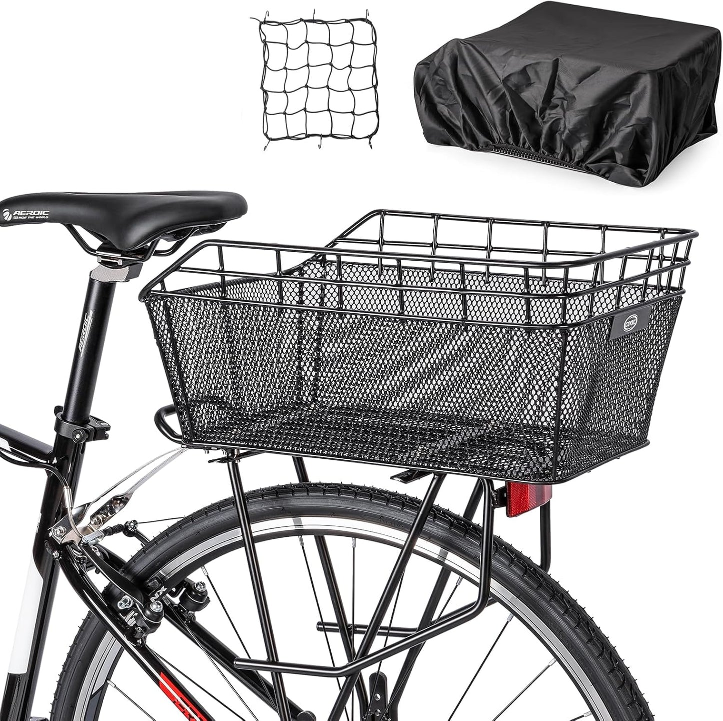 Large Rear Bike Basket - Heavy-Duty Wire Cargo Basket with Cargo Net & Waterproof Cover for Bicycles (Basket Only, Rack Not Included)
