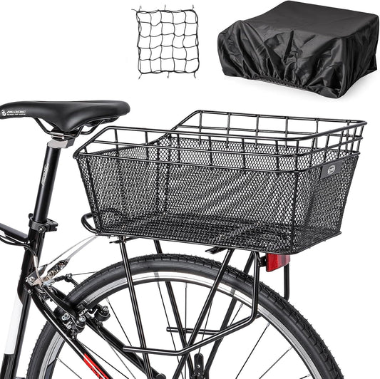 Large Rear Bike Basket - Heavy-Duty Wire Cargo Basket with Cargo Net & Waterproof Cover for Bicycles (Basket Only, Rack Not Included)