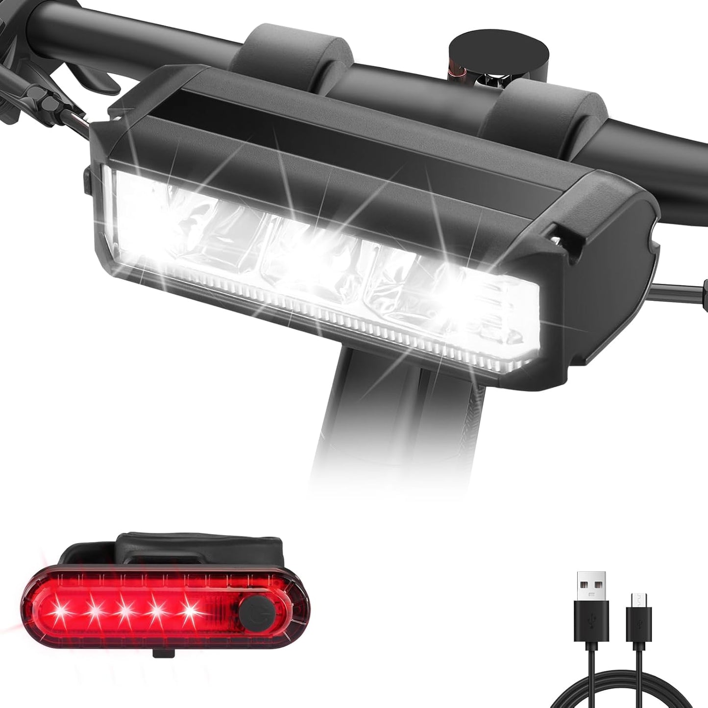 High Lumens Super Bright Bike Light for Night Riding, USB Rechargeable Bicycle Headlight, Waterproof Bike Headlight & Taillight Set for MTB Off-Road & Commuting Cycling