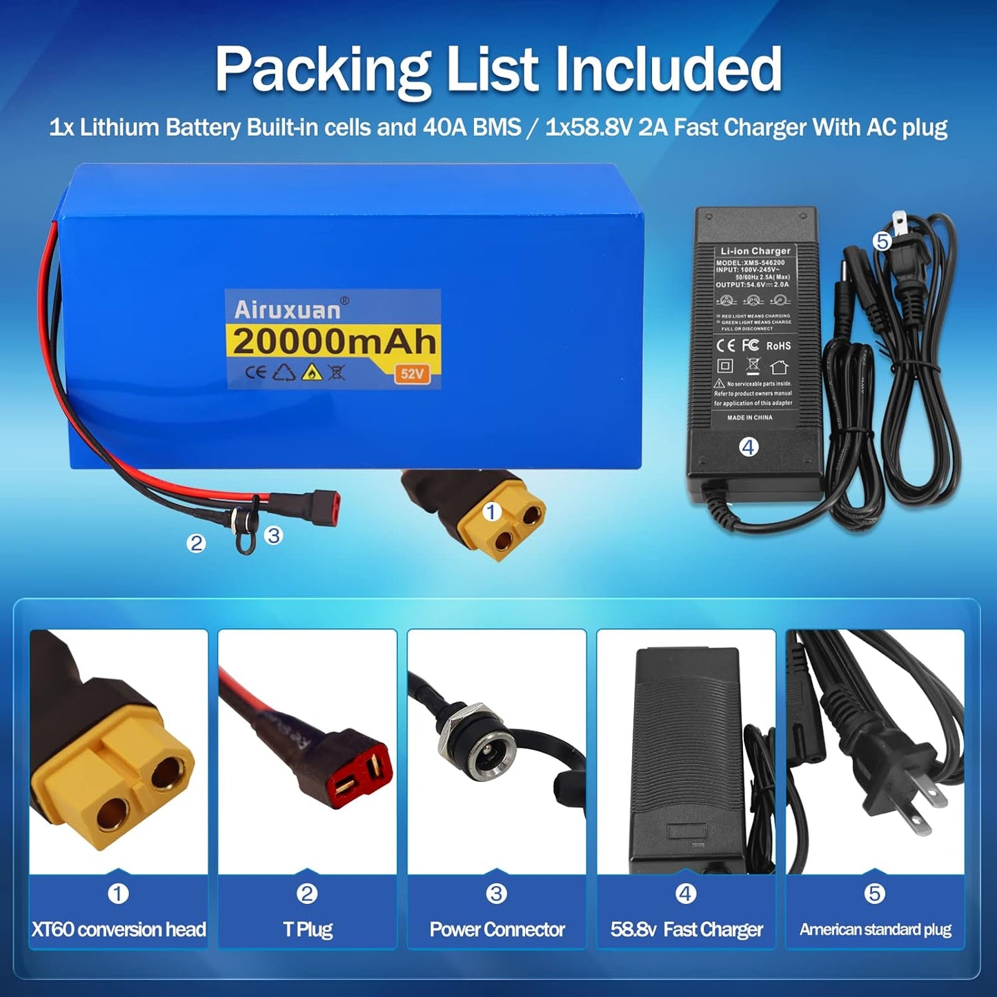 52V 20Ah Ebike Battery for 250–1000W Electric Bikes