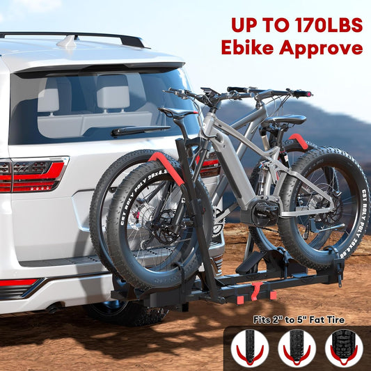 170lbs Bike Rack with Ramp – Foldable Ebike Carrier for 2 Heavy E-Bikes, Fat Tire up to 5", Fits 2" Hitch SUV RV Trailer