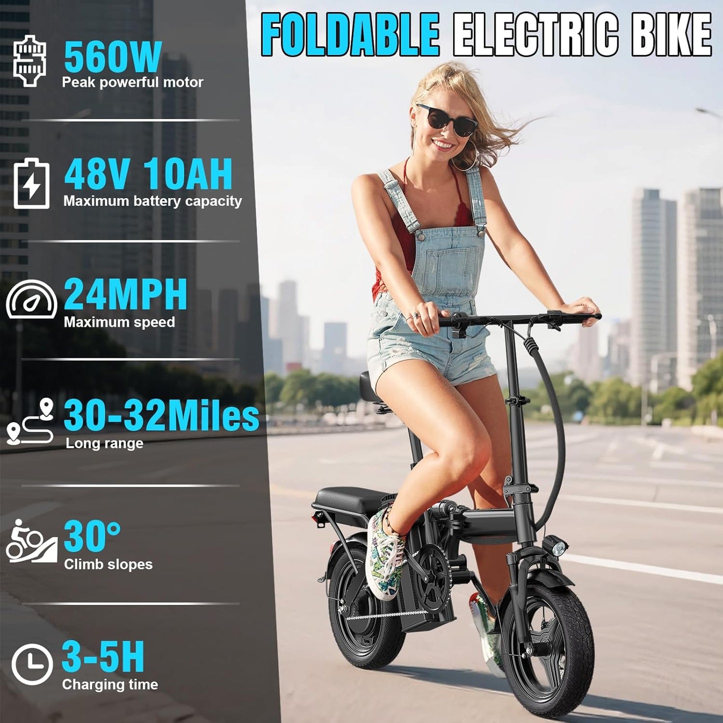 Electric Bike for Adults and Teens 14" Foldable Mini Electric Bicycle 520W-560W Motor 20-24MPH 32 Miles Range 48V 10Ah Battery 3-Level Pedal Assist UL 2849 Certified