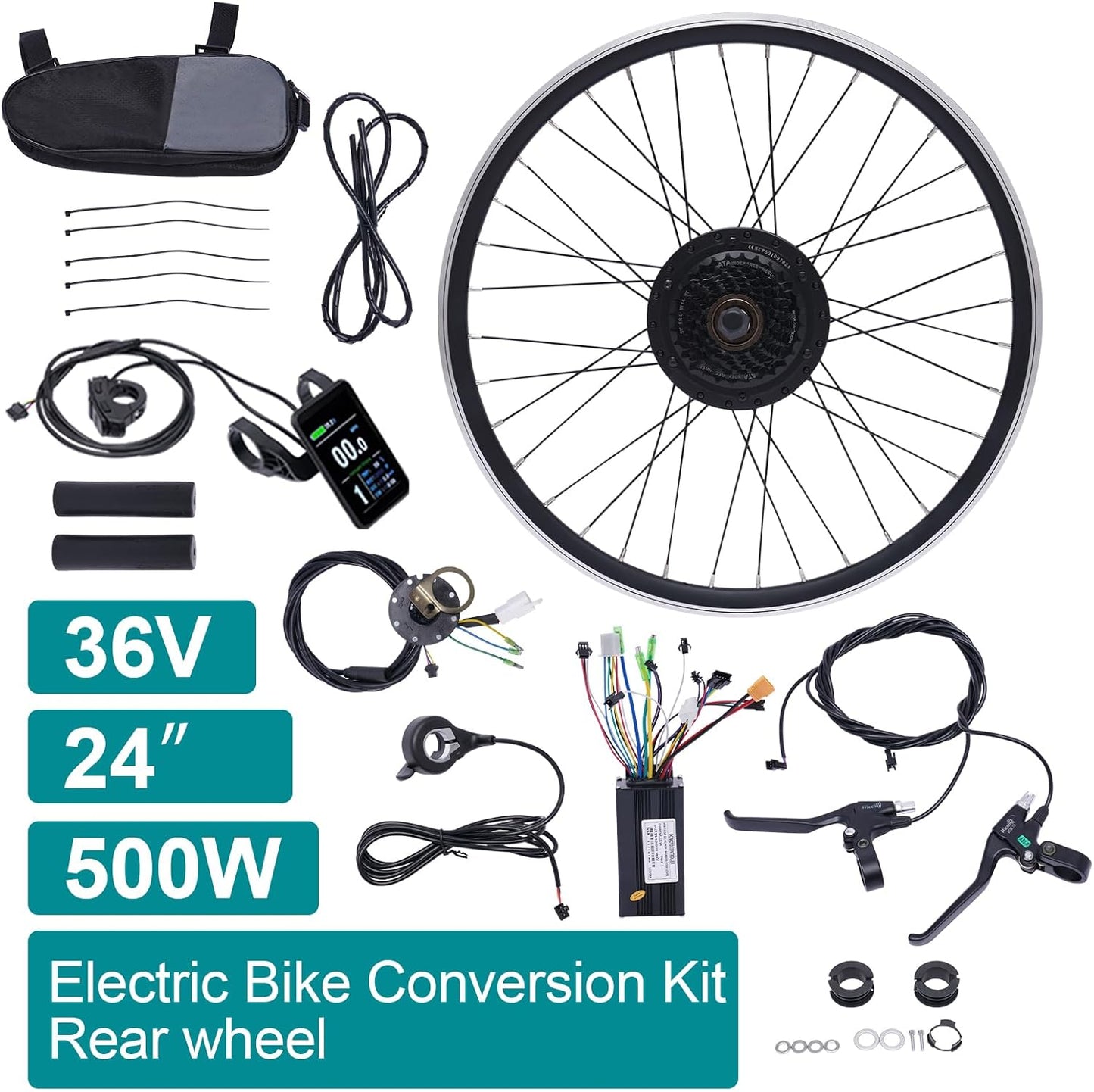 24" Electric Bicycle Motor Kit 500W Brushless Gearless Hub Motor Aluminum Alloy 30-35KM/H 264Lbs Load Capacity E-Bike Conversion Kit