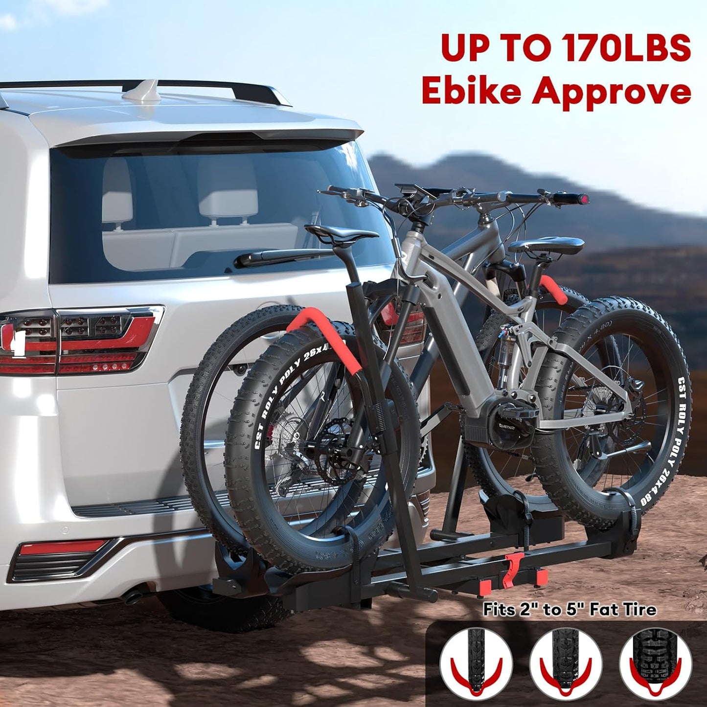 Heavy Duty 2-Bike Hitch Rack with Ramp | 170lb Capacity Foldable E-Bike Carrier for 5" Fat Tires