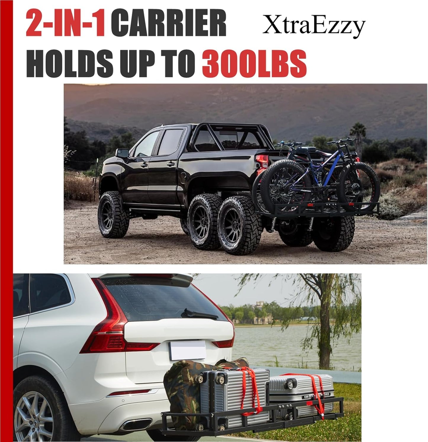 Hitch-Mount Ebike Rack Heavy-Duty – Fits 2 Electric Fat-Tire Mountain Bicycles, 2" Receiver for Car SUV Truck RV Minivan, Red with Cargo Carrier