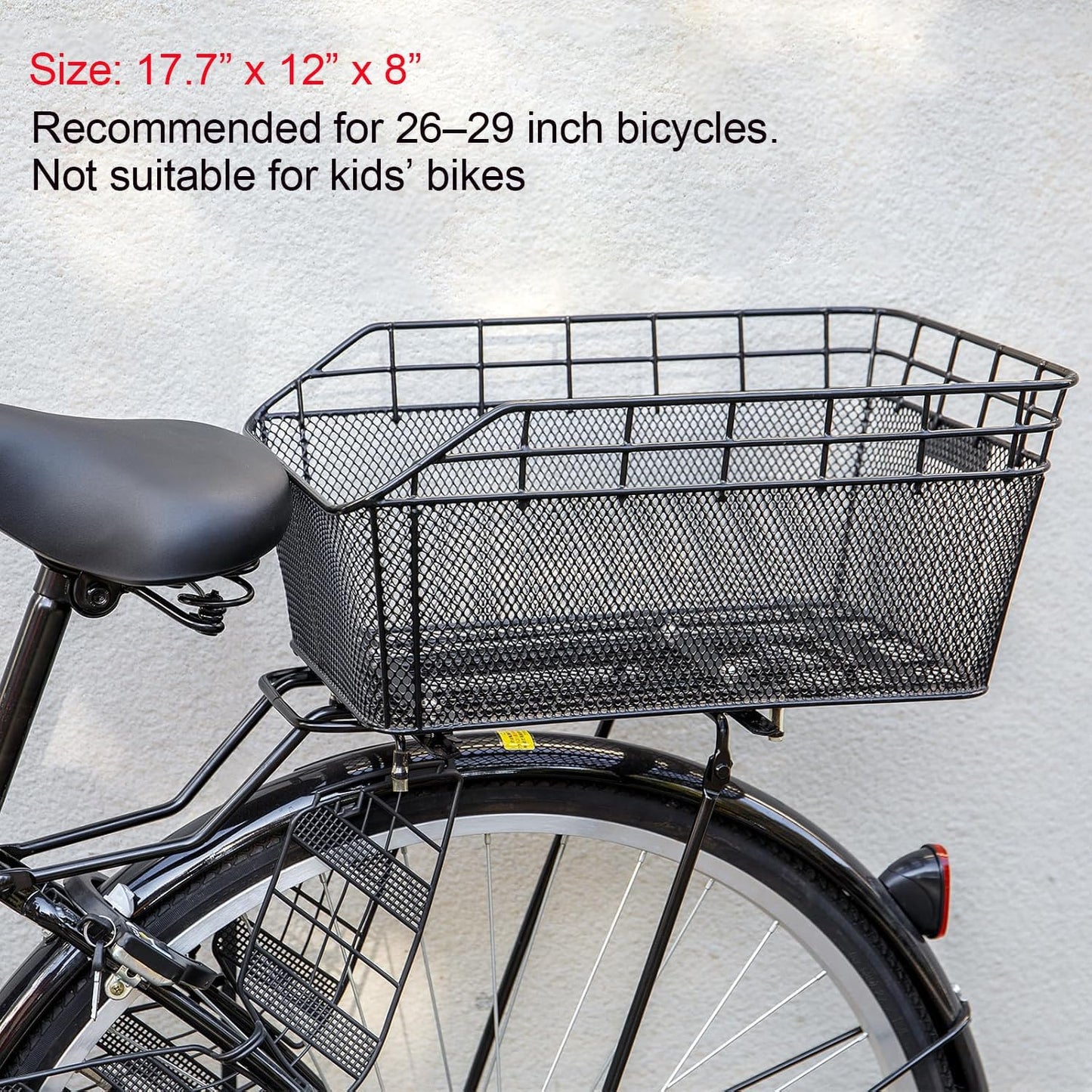 Large Rear Bike Basket - Heavy-Duty Wire Cargo Basket with Cargo Net & Waterproof Cover for Bicycles (Basket Only, Rack Not Included)