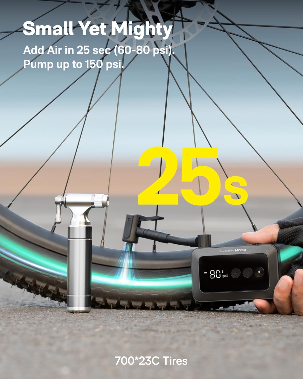 25s Fast Electric Bike Pump - 150PSI Mini Tire Pump with Gauge for Bicycle, Motorcycle & Ball | Portable Air Pump