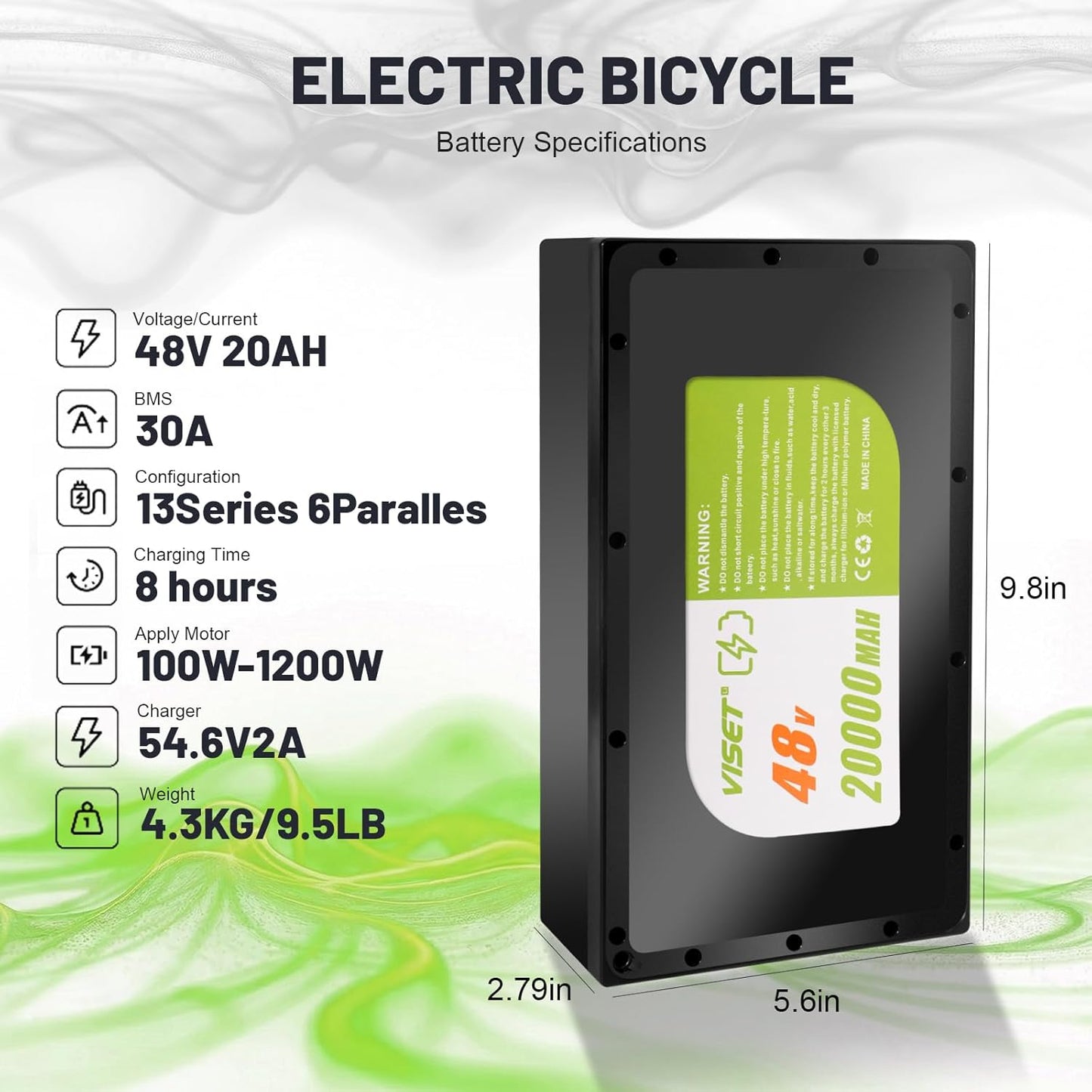 48V 20000mAh Ebike Battery Pack with Case - 30A BMS, Waterproof & Shockproof for 200W-1200W E-Bikes & Scooters