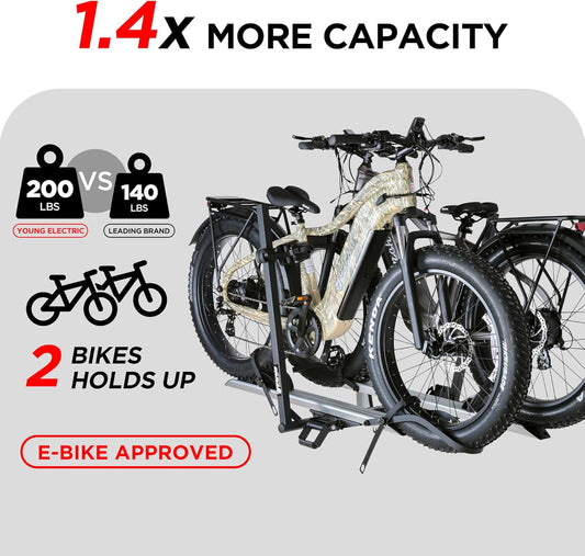 200 LB Capacity Heavy Duty Offroad Ebike Rack – 2 inch Hitch, Anti-Wobble, Folding, Fat Tire Compatible for SUV Truck RV