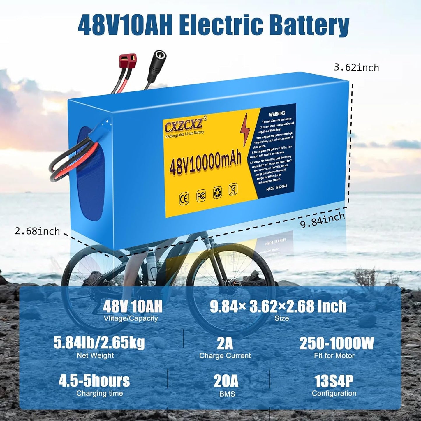 48V 10Ah Ebike Battery Pack with 20A BMS - Rechargeable Lithium Battery for Scooters, ATVs, Solar Storage & 250-1000W Electric Bicycles