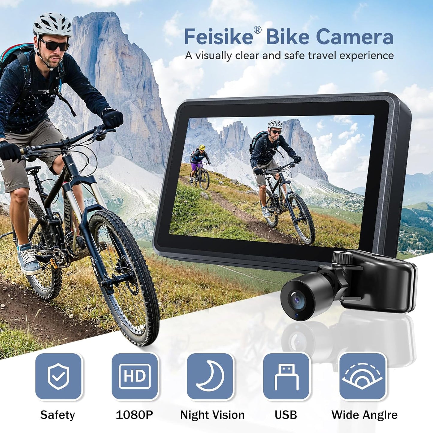 HD Night Vision Bike Mirror with 4.3" Screen | 145° Rear View Camera for Mountain & Road Bicycles