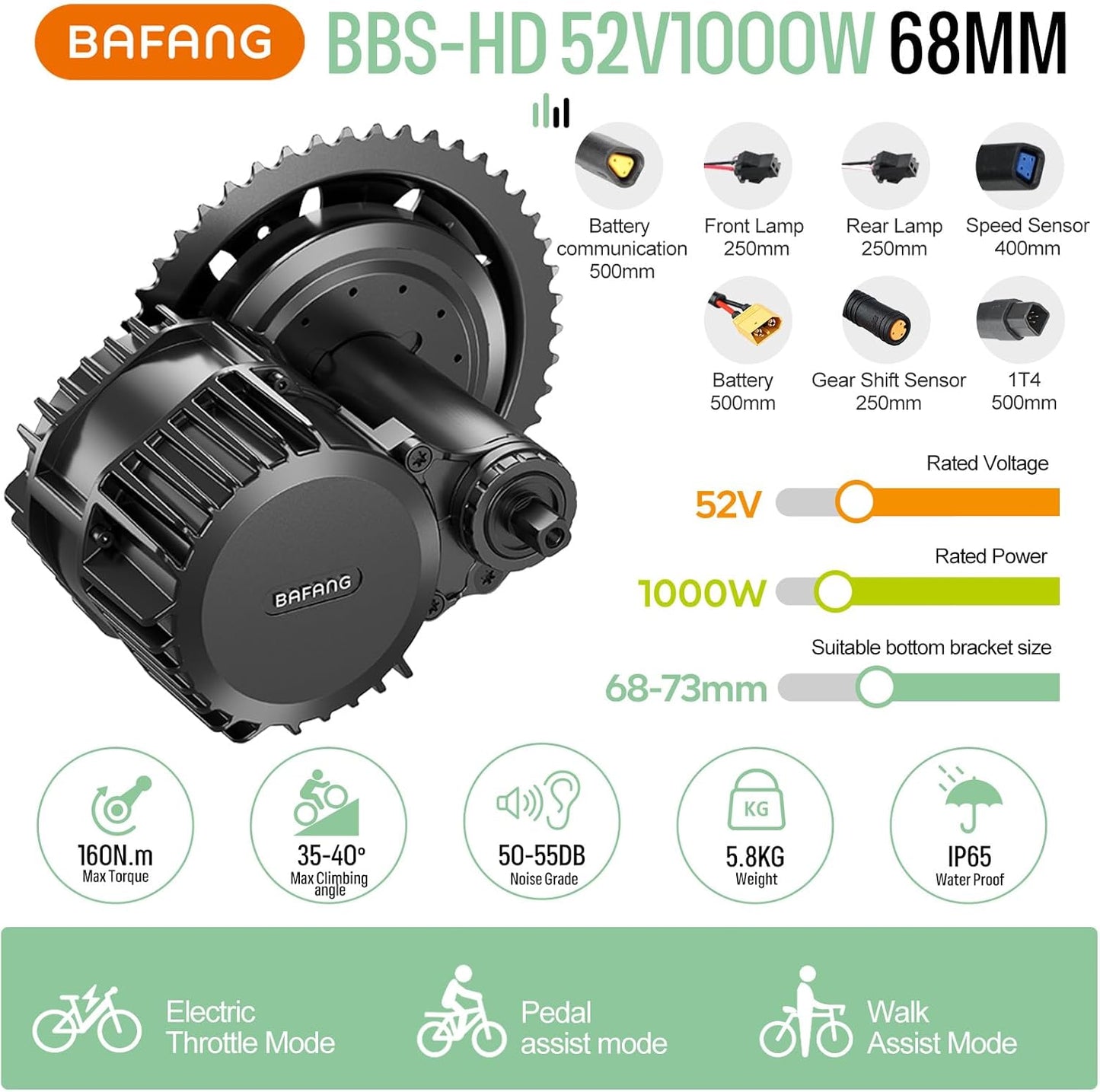 BAFANG BBSHD 1000W 52V Mid Drive E-Bike Conversion Kit | 68MM Bottom Bracket with Display Options & 20Ah Battery | High-Power Electric Mountain Bike Motor Kit