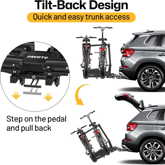 200 lbs Bike Rack for Car with Ramp – 2-Bike Hitch Mount for E-Bikes, Foldable & Tilt-Back, Fits 2" Receiver SUV Truck