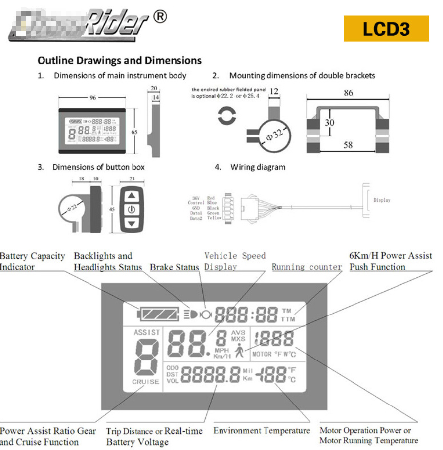24V36V48V72V Ebike Hub Motor Control Panel LCD Display Meter
