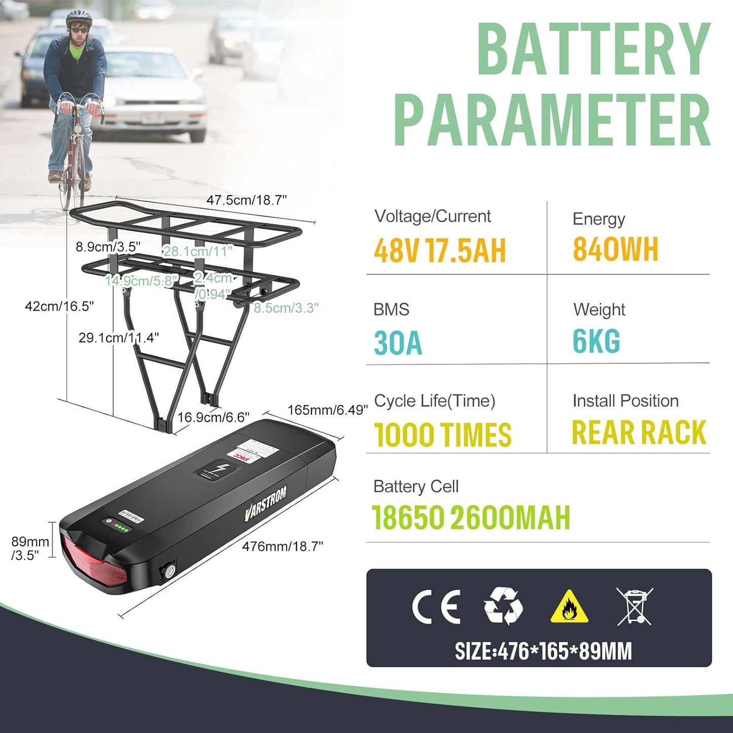 48V 17.5Ah Rear Rack E-Bike Battery 840Wh with USB Port | Compatible with Bafang Mid Drive & Hub Motor Kits (0-1200W)