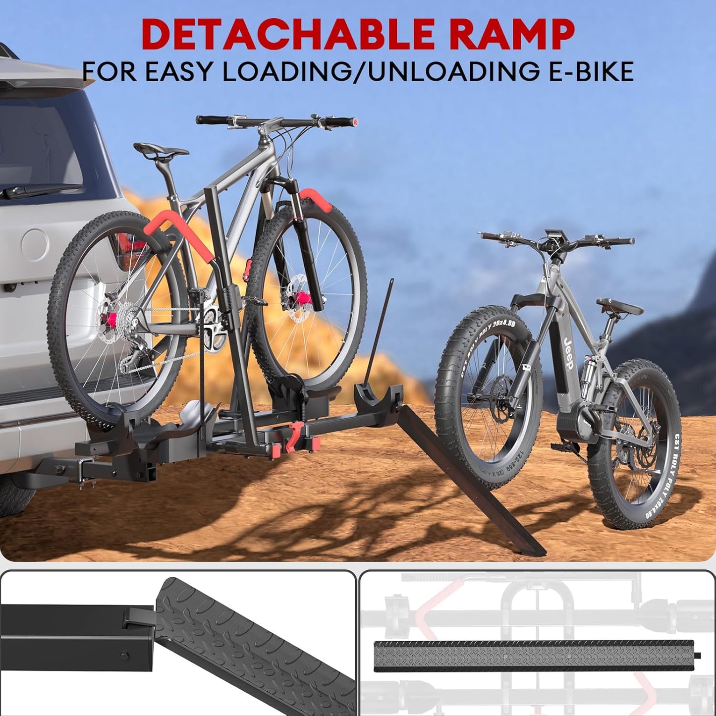 Heavy Duty 2-Bike Hitch Rack with Ramp | 170lb Capacity Foldable E-Bike Carrier for 5" Fat Tires