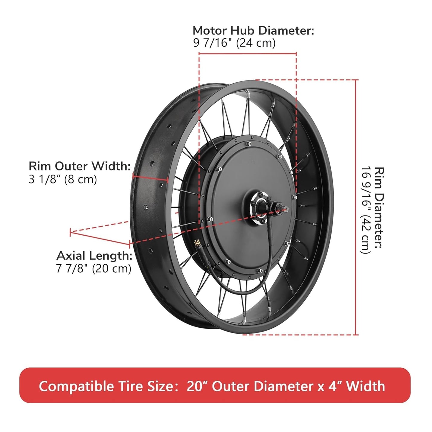 1000W Fat Tire E-Bike Conversion Kit - 20"x4" Front Wheel 48V Hub Motor
