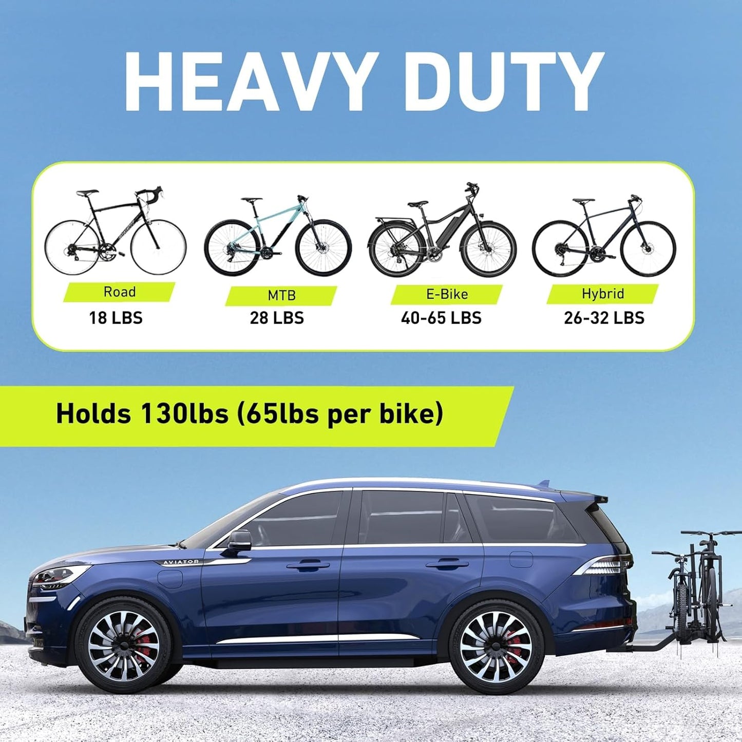 65lbs Per Bike Hitch Ebike Rack – Patented Anti-Wobble Tilting Folding Platform, 2-Inch Receiver, Fits Fat Tire Mountain Electric Road Bikes for Cars SUV