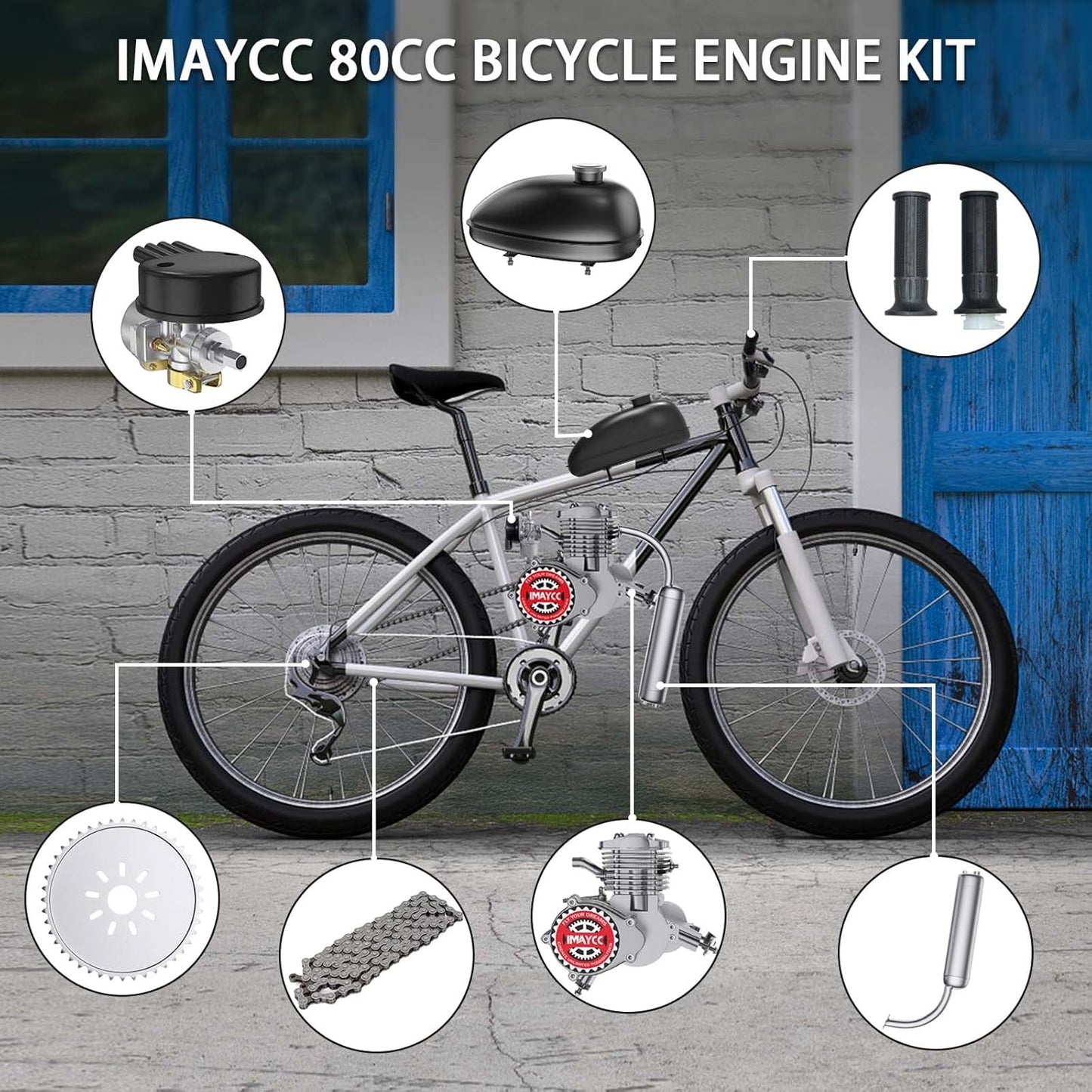 80cc Motorized Bike Kit - 2 Stroke Gas Engine Conversion for 26-28" Bikes (Silver)