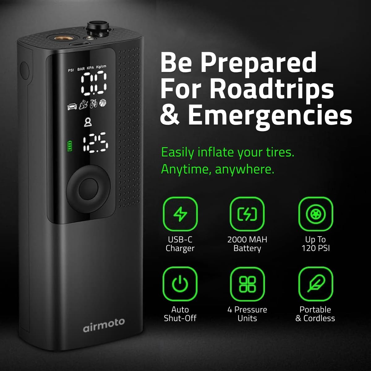 Portable Tire Inflator - Cordless Air Compressor for Car, Bike, Motorcycle | Auto Shut-Off & Digital Gauge