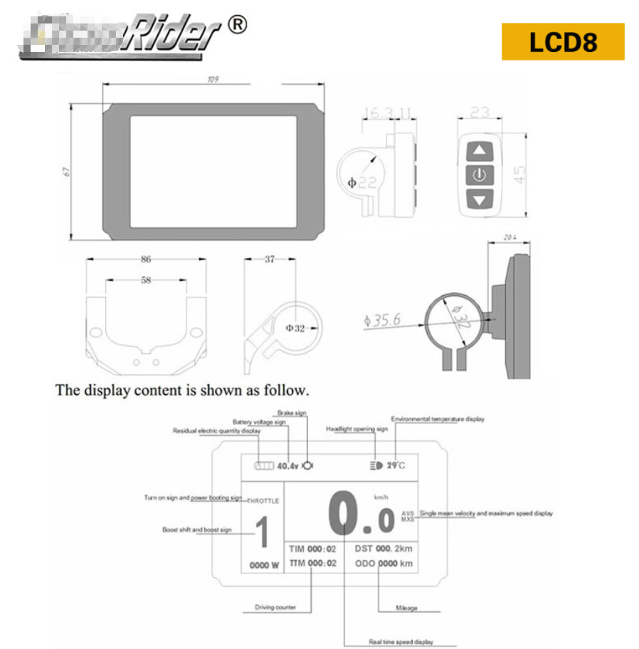 24V36V48V72V Ebike Hub Motor Control Panel LCD Display Meter