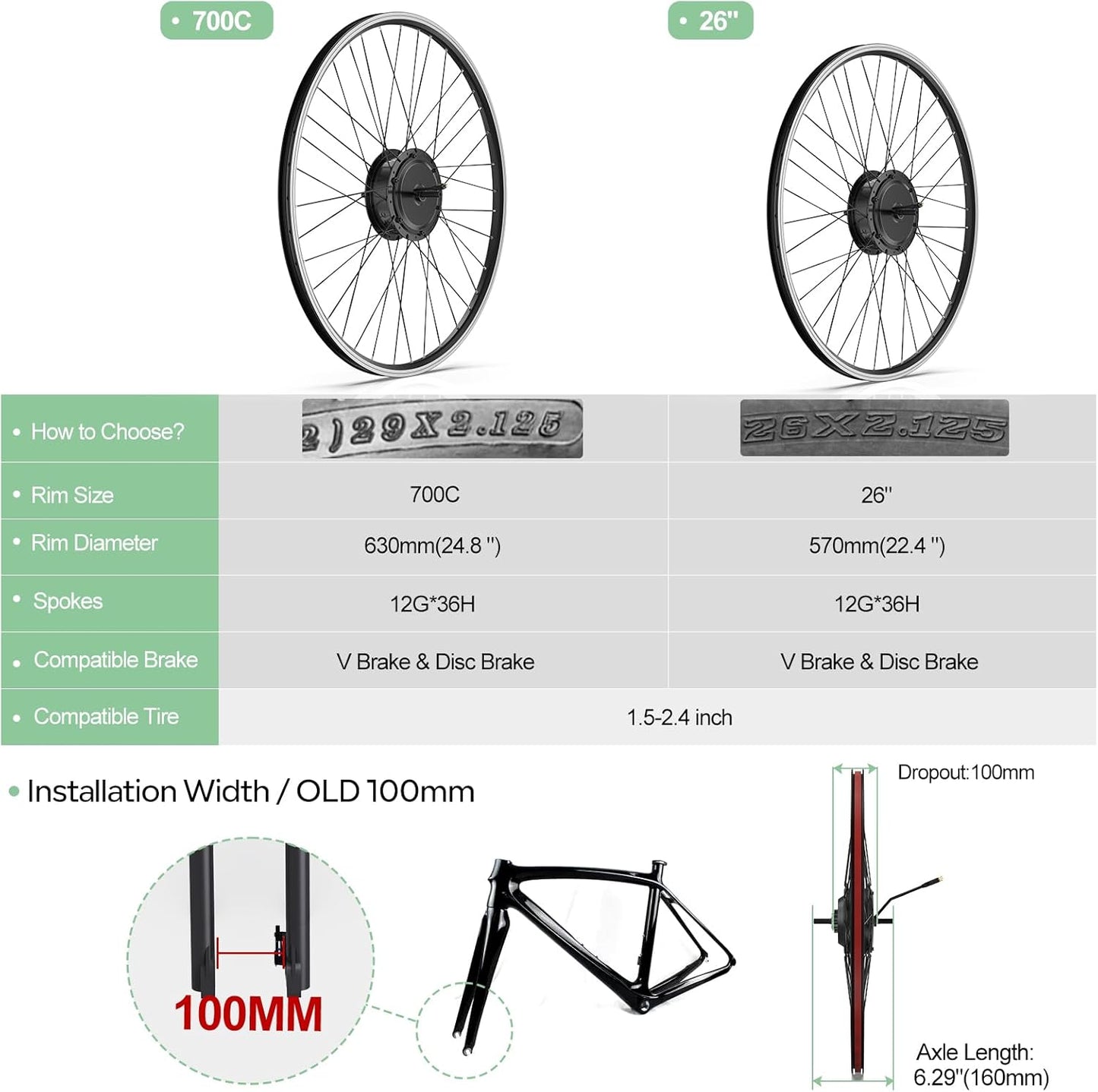 48V 500W Front Hub E-Bike Conversion Kit - Fits 20"/26"/700C/29er Wheels