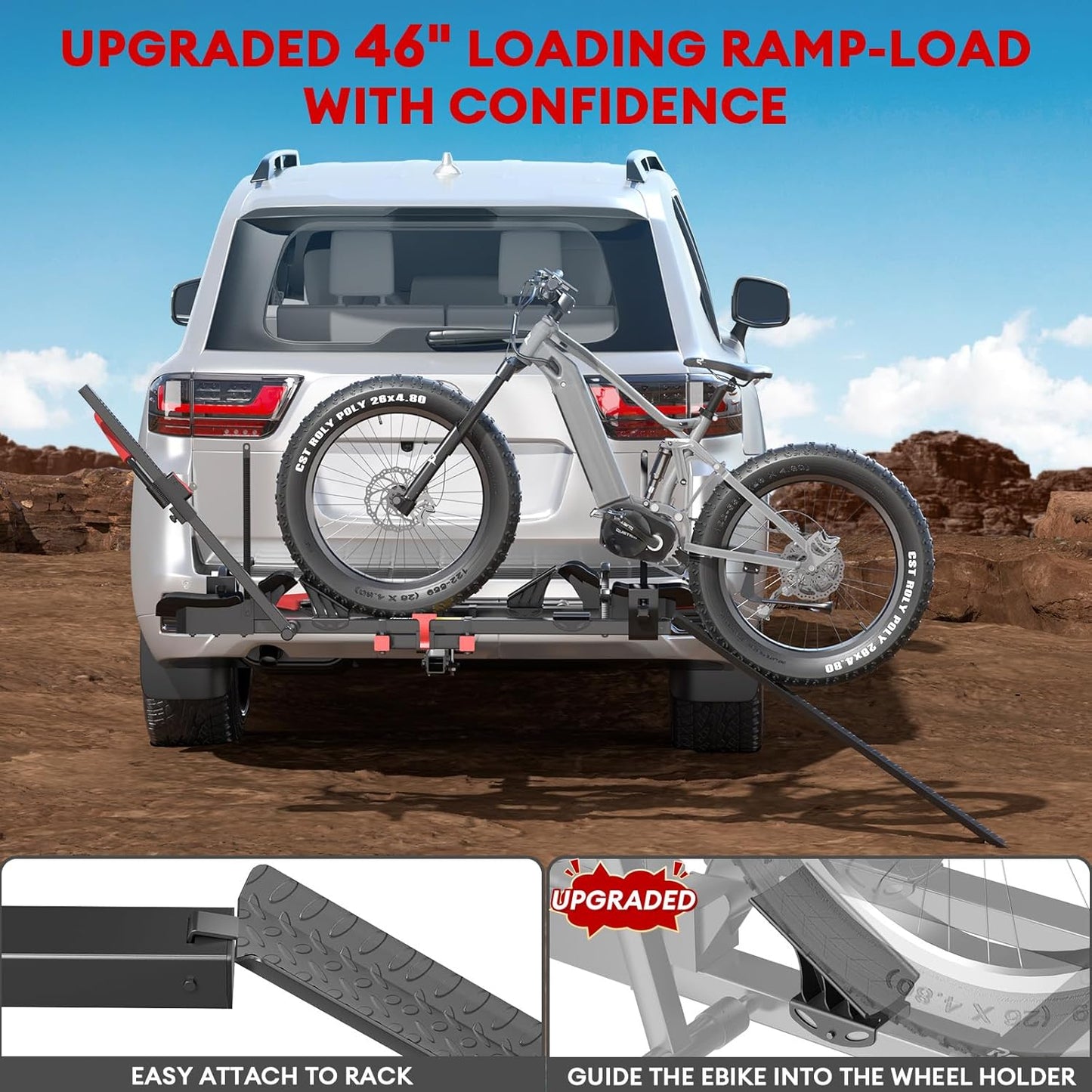 170lbs Bike Rack with Ramp – Foldable Ebike Carrier for 2 Heavy E-Bikes, Fat Tire up to 5", Fits 2" Hitch SUV RV Trailer