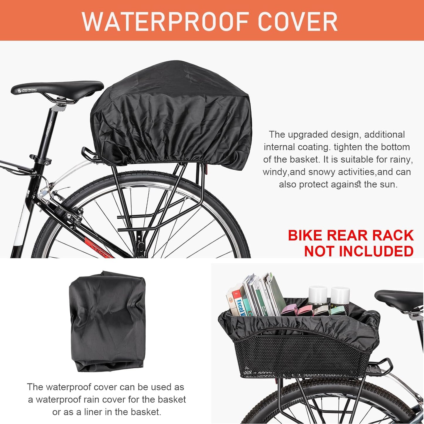 Large Rear Bike Basket - Heavy-Duty Wire Cargo Basket with Cargo Net & Waterproof Cover for Bicycles (Basket Only, Rack Not Included)
