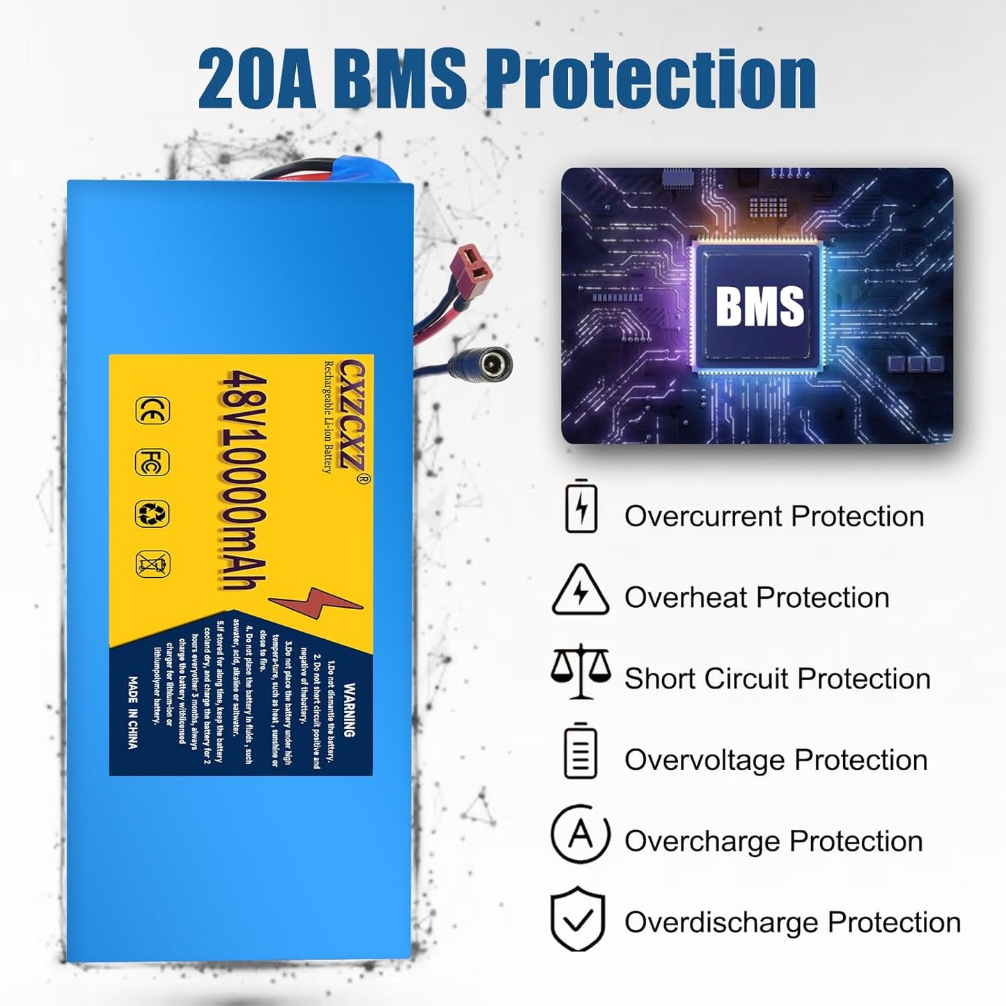 48V 10Ah Ebike Battery Pack with 20A BMS - Rechargeable Lithium Battery for Scooters, ATVs, Solar Storage & 250-1000W Electric Bicycles
