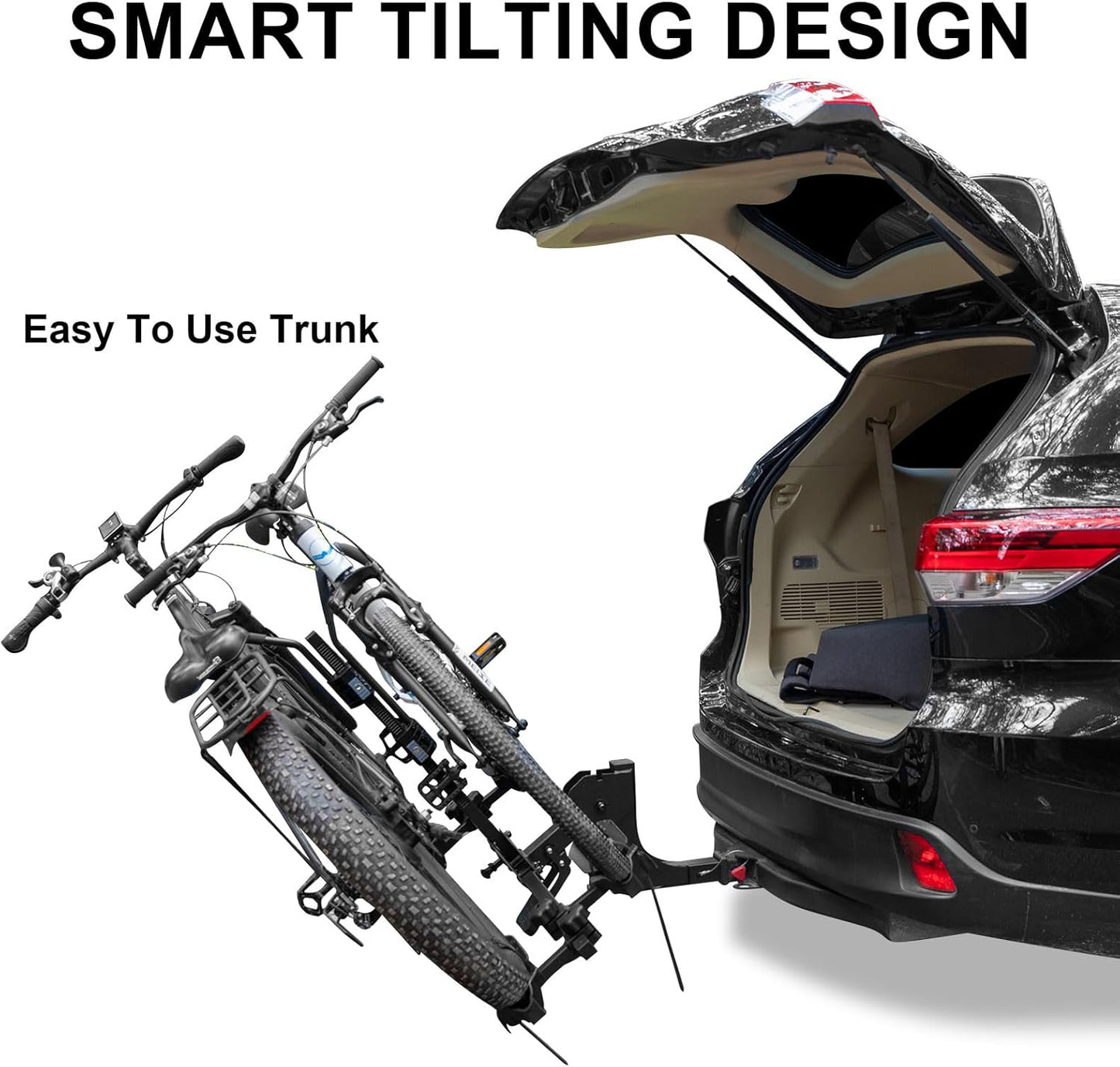 160 lbs 2 E Bike Rack Hitch Mounted – Wobble Free Smart Tilting Folding Electric Bike Racks with Lock, 2" Hitch, Fits 5.5" Fat Tires for Car SUV Trucks