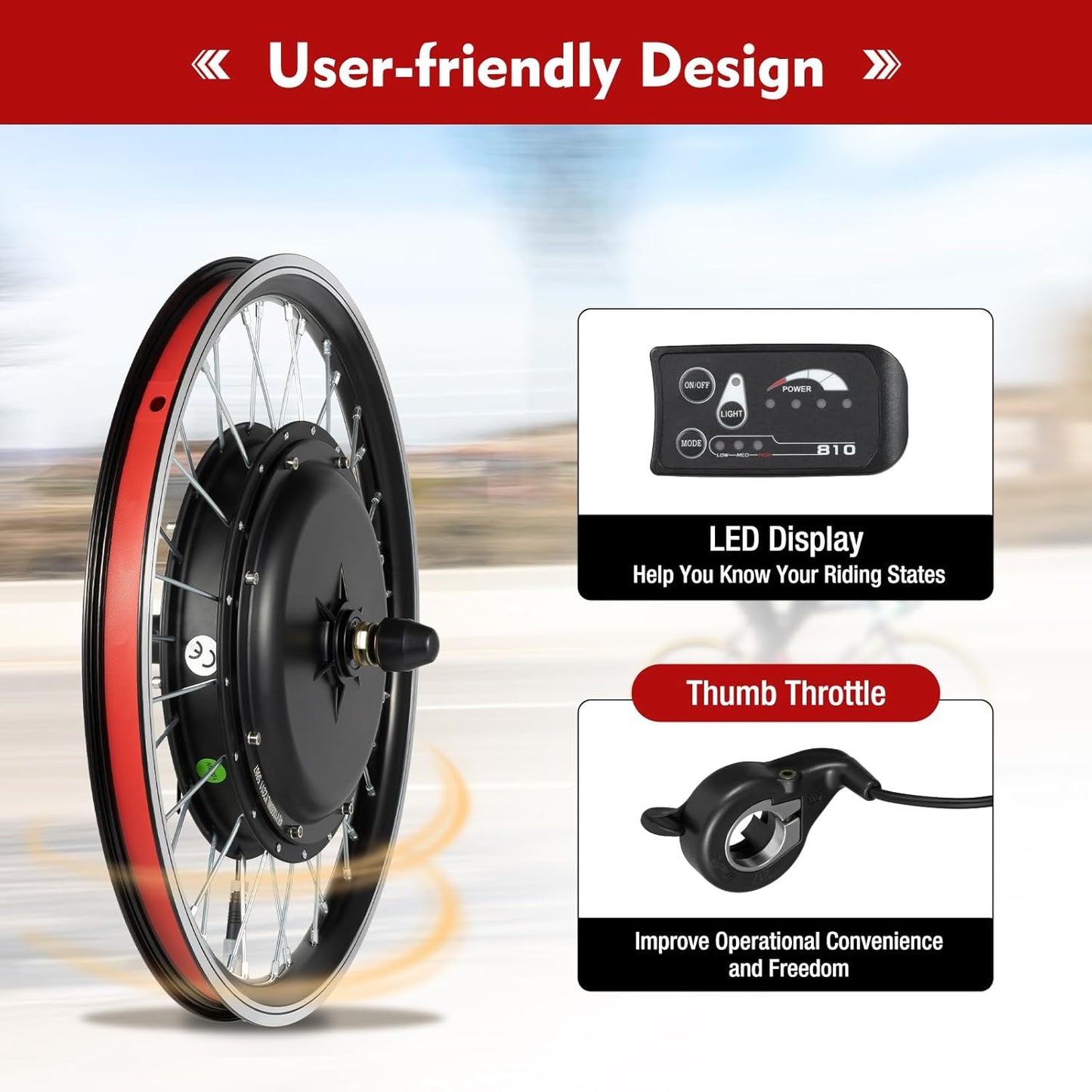 1000W E-Bike Conversion Kit - Rear Wheel for 28"/29"/700C with 5-Speed, Display & PAS | 264 lbs Capacity