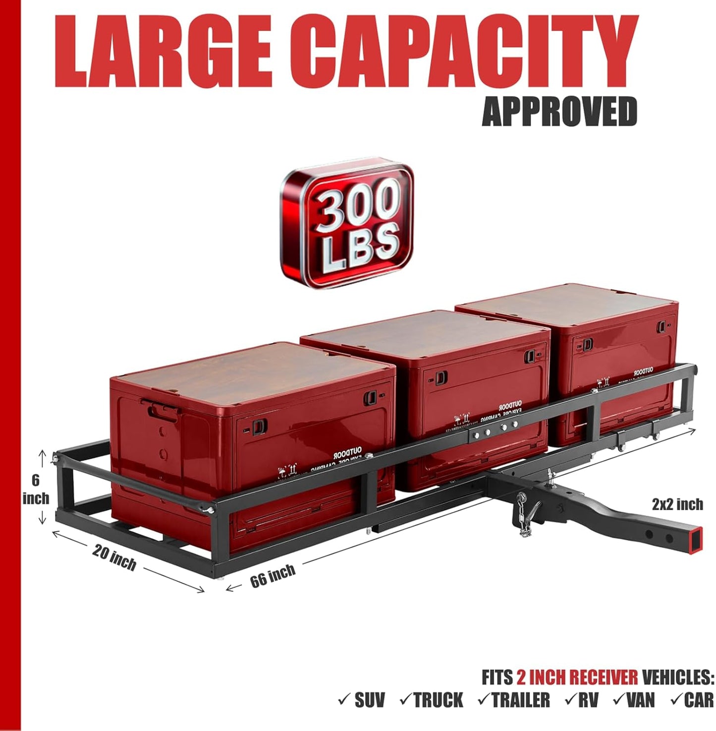 Hitch-Mount Ebike Rack Heavy-Duty – Fits 2 Electric Fat-Tire Mountain Bicycles, 2" Receiver for Car SUV Truck RV Minivan, Red with Cargo Carrier