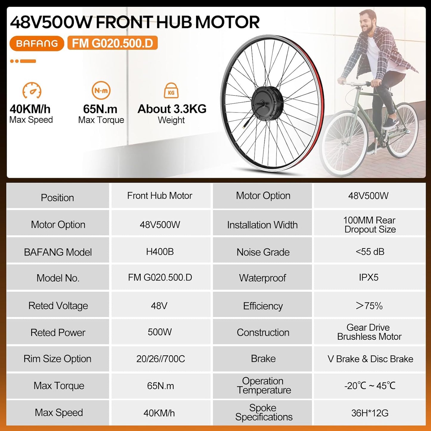 BAFANG 48V 500W Front Hub Motor Conversion Kit - TFT Display & 48V Battery Included for 20"/26"/700C (28"/29") Bikes