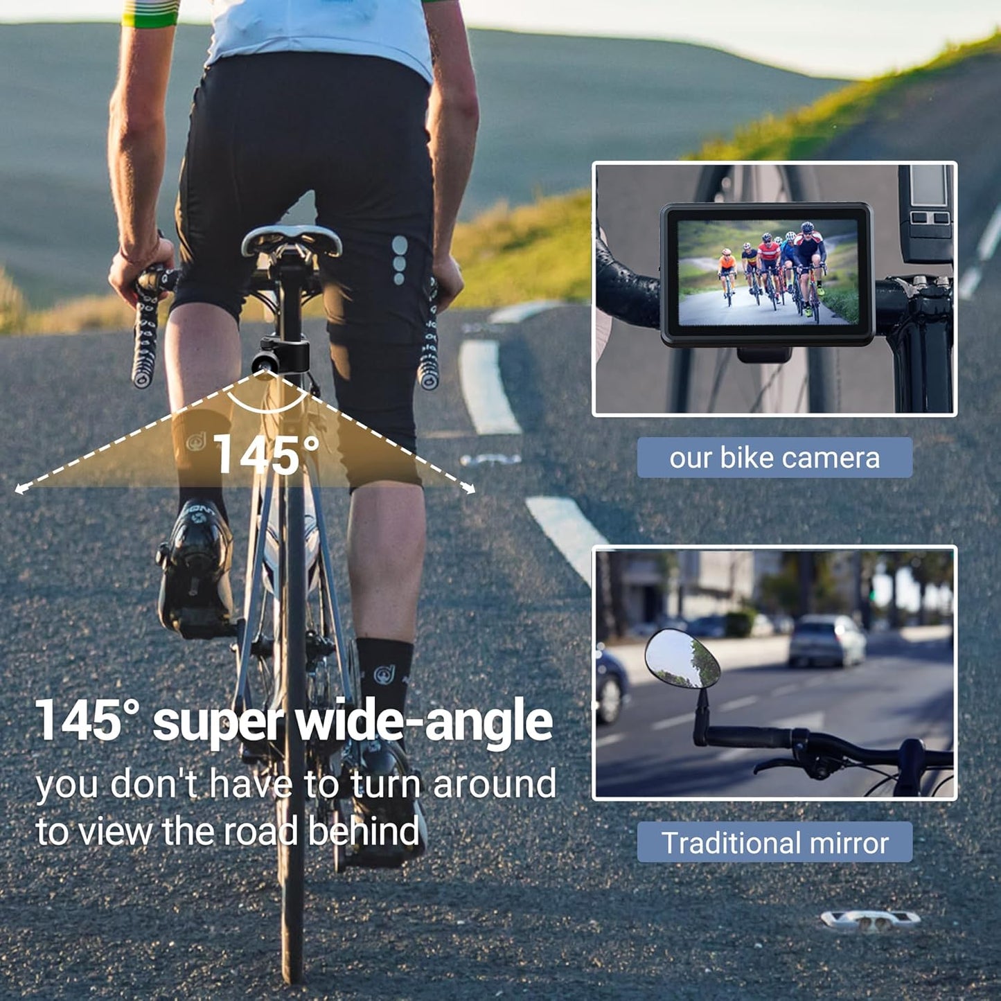 HD Night Vision Bike Mirror with 4.3" Screen | 145° Rear View Camera for Mountain & Road Bicycles