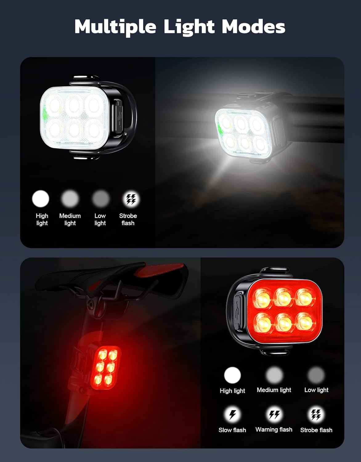 USB Rechargeable Bike Light Set - Front & Back IP65 Waterproof LED Bicycle Lights for Night Riding | 4+6 Modes, 1.5H Fast Charge, Easy Mount