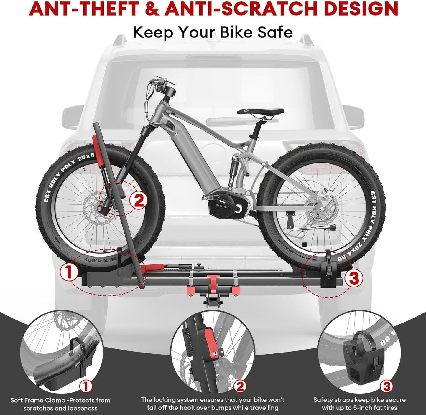 Heavy Duty 2-Bike Hitch Rack with Ramp | 170lb Capacity Foldable E-Bike Carrier for 5" Fat Tires