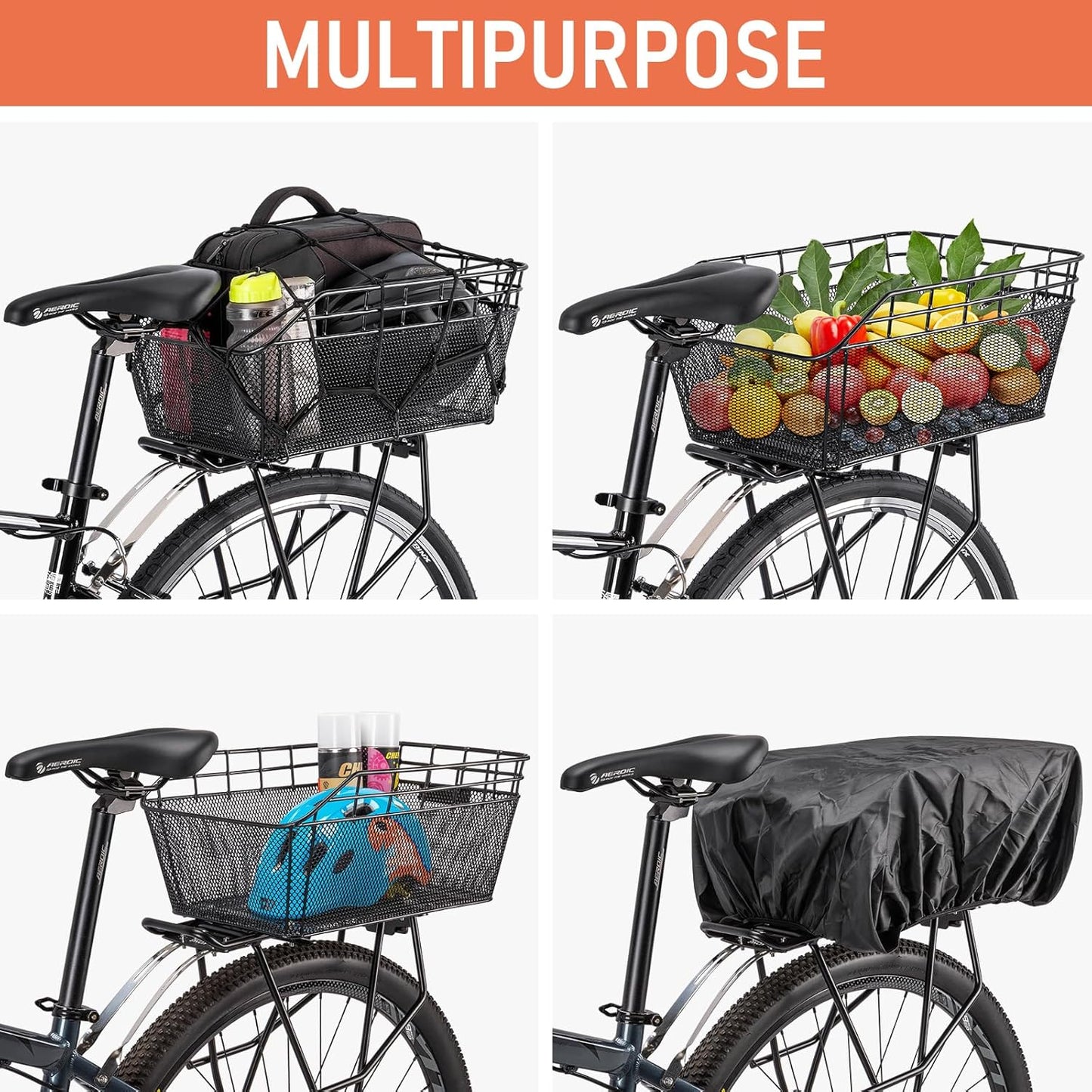 Large Rear Bike Basket - Heavy-Duty Wire Cargo Basket with Cargo Net & Waterproof Cover for Bicycles (Basket Only, Rack Not Included)