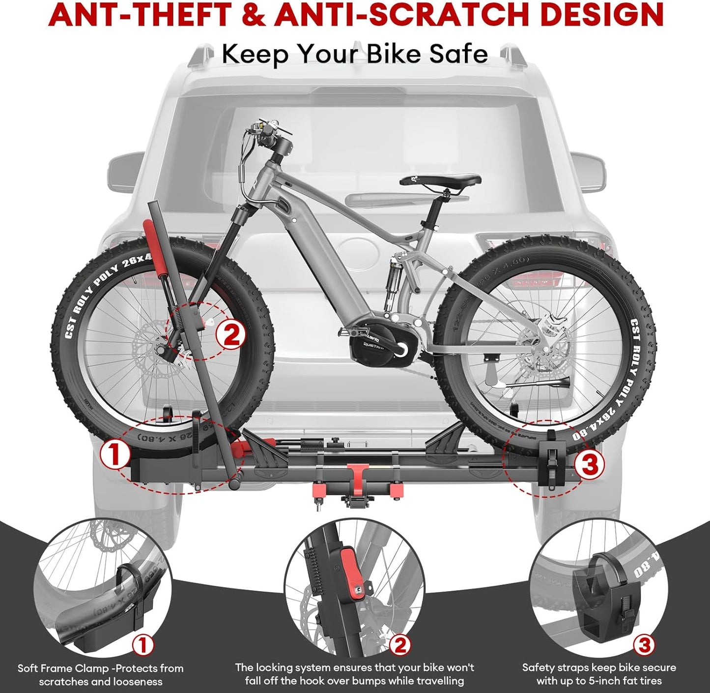 170lbs Bike Rack with Ramp – Foldable Ebike Carrier for 2 Heavy E-Bikes, Fat Tire up to 5", Fits 2" Hitch SUV RV Trailer