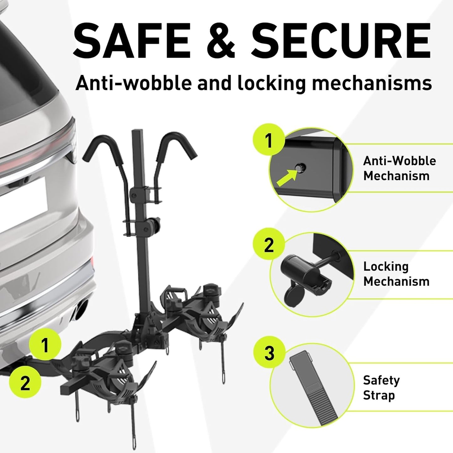 65lbs Per Bike Hitch Ebike Rack – Patented Anti-Wobble Tilting Folding Platform, 2-Inch Receiver, Fits Fat Tire Mountain Electric Road Bikes for Cars SUV