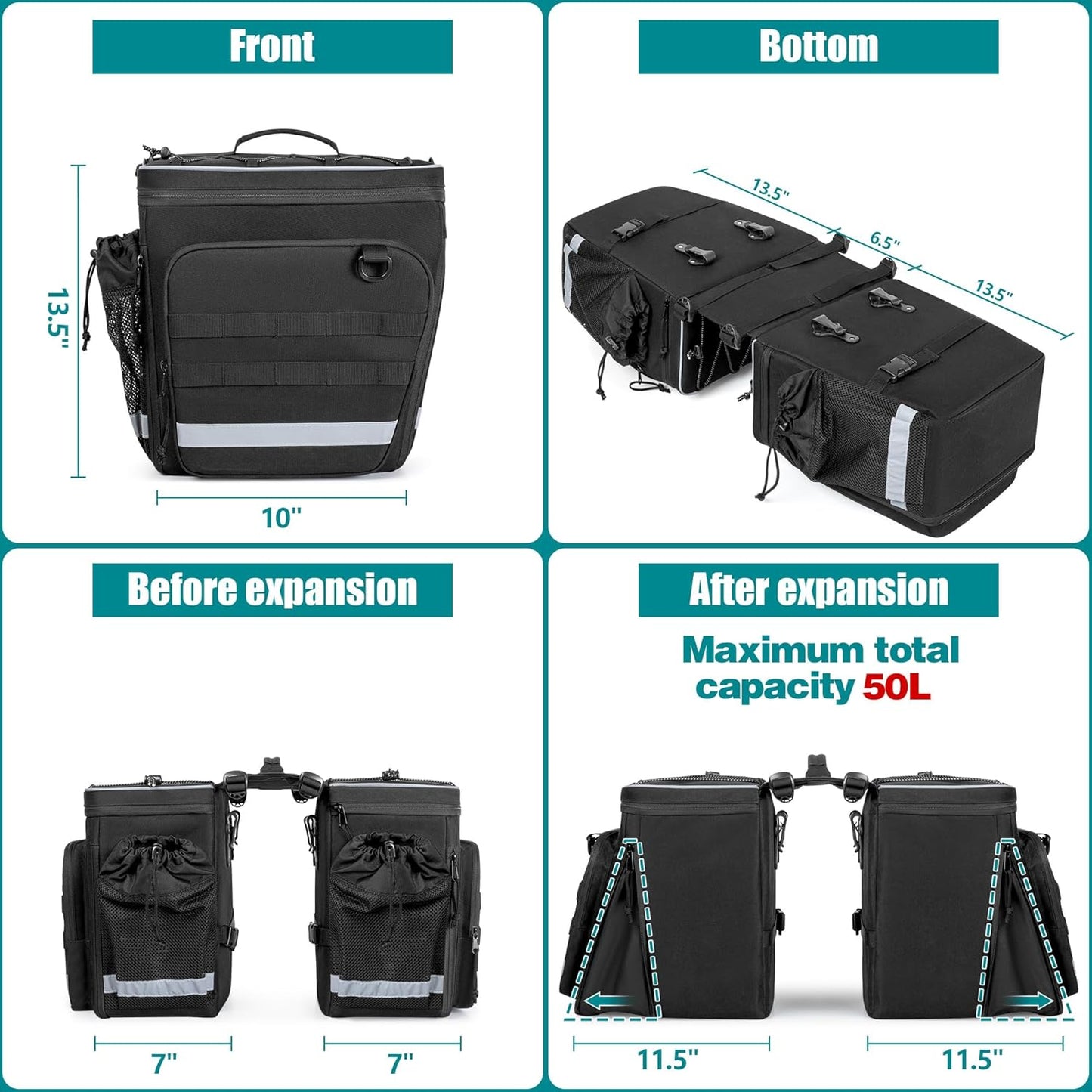 50L Bike Panniers with Rain Cover - Expandable Waterproof Bicycle Saddle Bag, Multi-Pocket Bike Luggage for Commuting & Touring