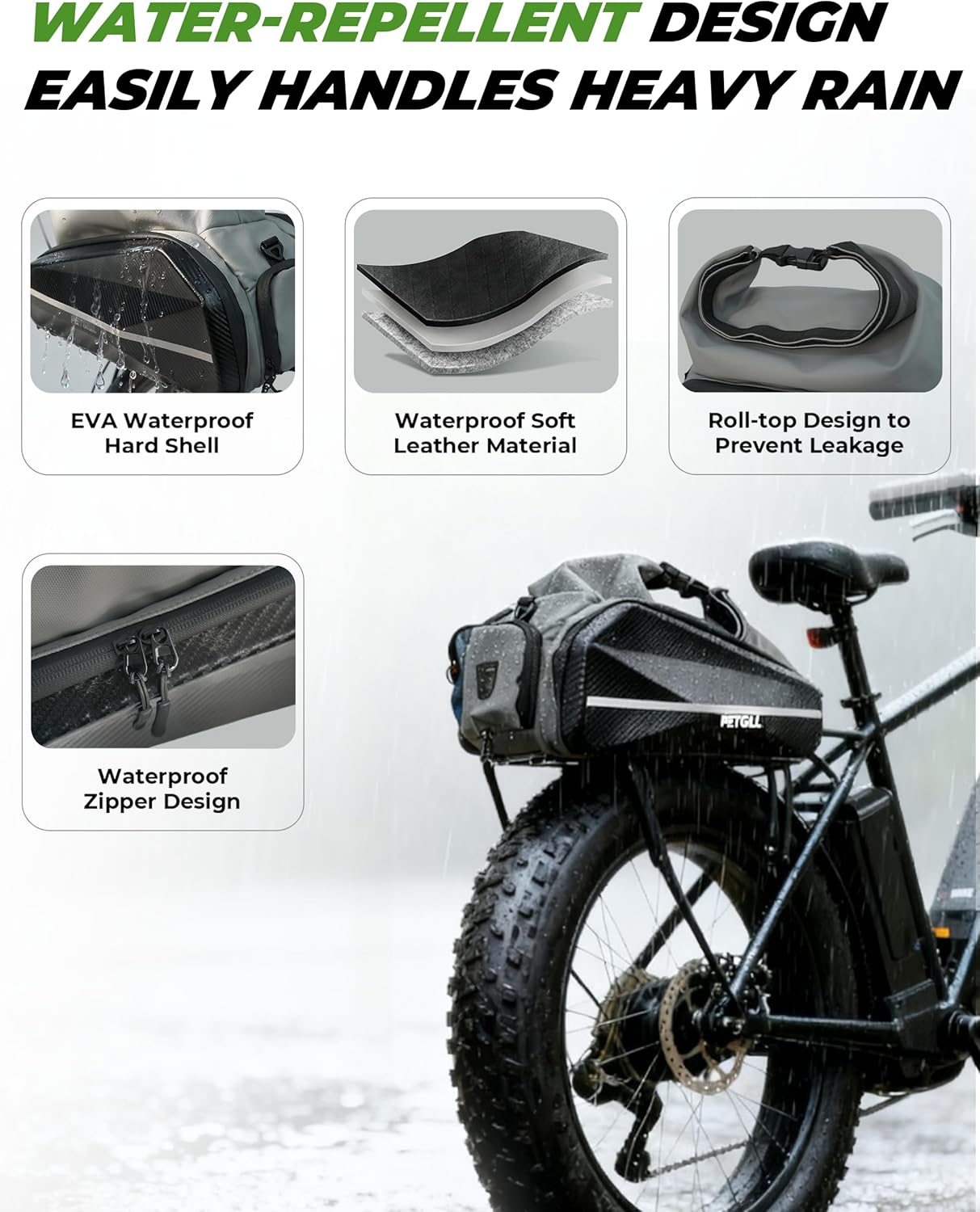 40L Ebike Battery Bag - Waterproof Hard Shell Rear Rack Bag with Reflective Strips & Shoulder Straps for E-Bikes