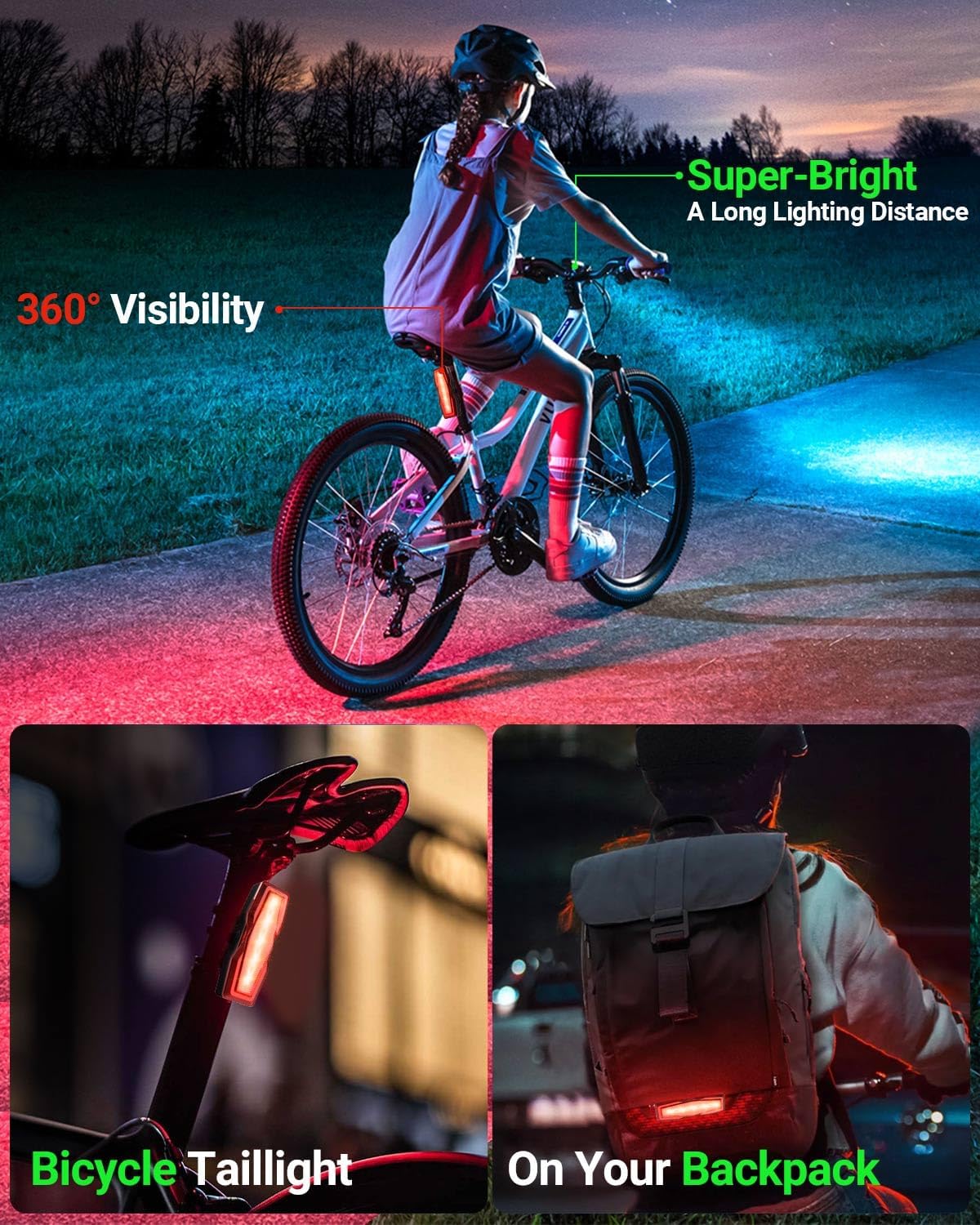 Super Bright Bike Light Set - 6+4 Mode USB Rechargeable Headlight & Taillight | High Lumens Waterproof Bicycle Front & Rear Safety Light for Night Riding, Road & Mountain Biking
